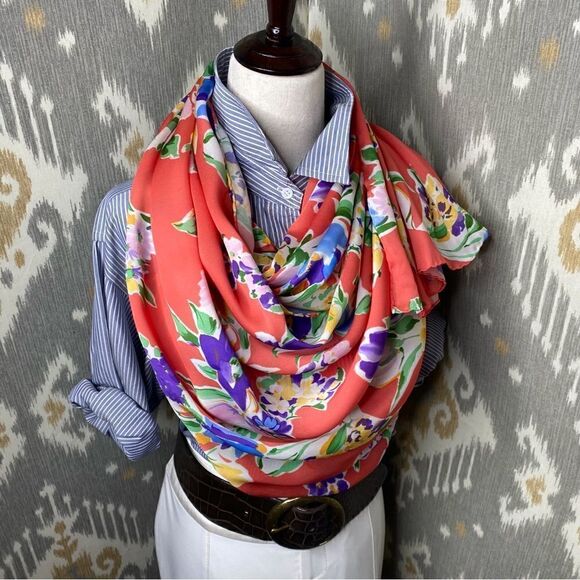Ralph Lauren Collection * Made in Italy Red Watercolor Floral Oblong Silk Scarf